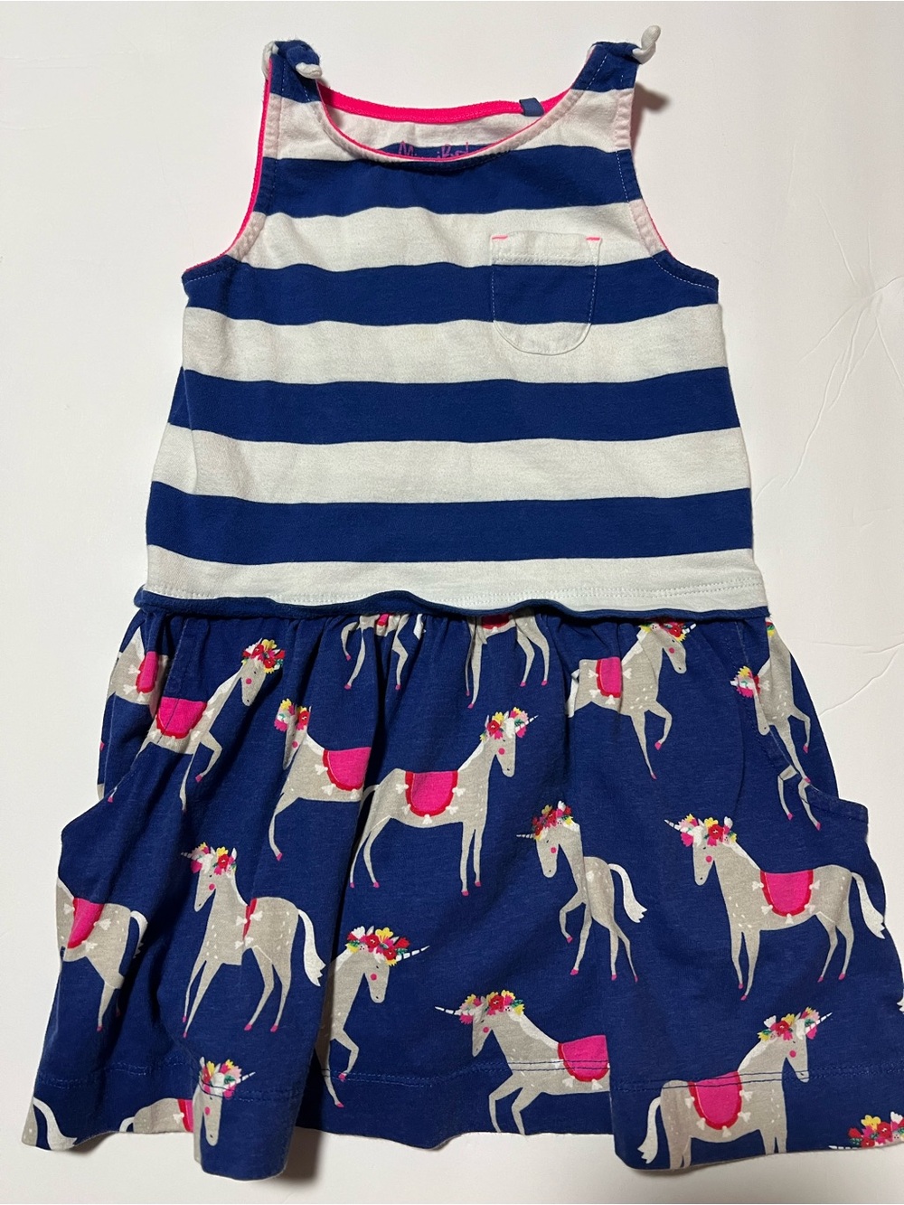 Mini Boden Navy Blue, White & Pink Unicorn Striped Tank Dress